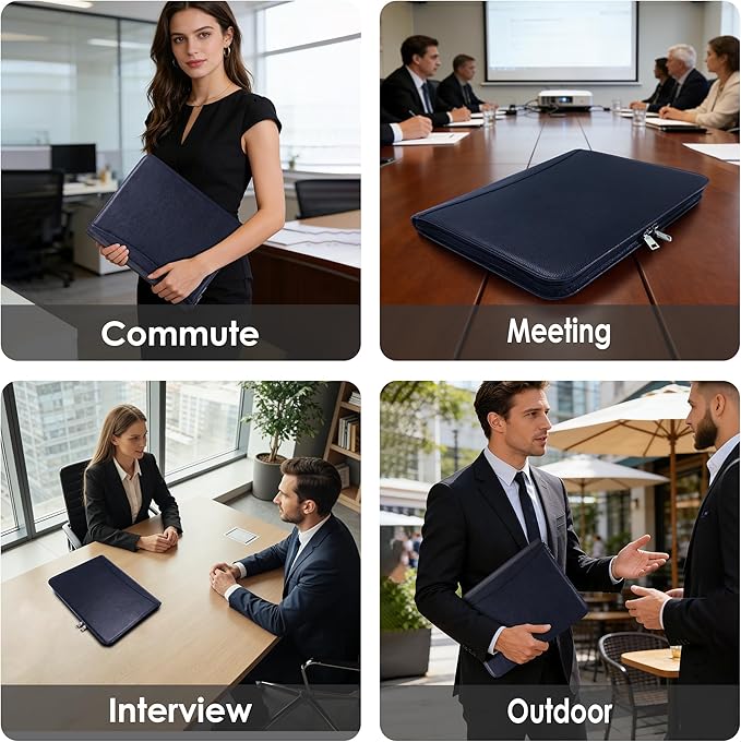 Genuine Leather Zippered Padfolio with 3 Ring Binder, A4/Letter Portfolio Organizer for Work, Fits 13.9" Laptop, Business Folder with Notepad Holder, Meetings & Interviews (Black)