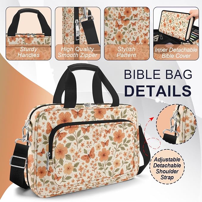 Butterfly Bible Cover Case for Women, Bible Bag for Women Organizer with Handle Zipper Pocket, Bible Study Supplies Journaling Kit, Pens Highlighters Cross Clips Tabs Christian Gift
