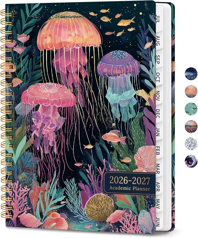 Planner 2026-2027, Monthly and Weekly Calendar Academic Planner July 2026 - June 2027, Hardcover Student Teacher Planning Agenda Book with Tabs, Perfect for Office School Supplies, A5 (6.3" x 8.5") - Jellyfish