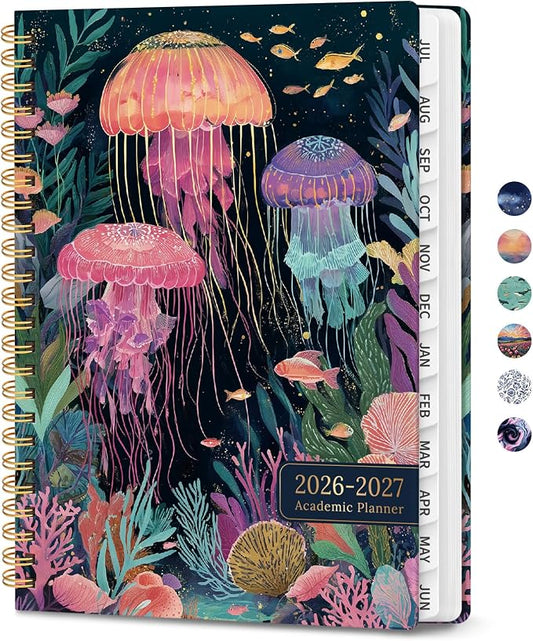 Planner 2026-2027, Monthly and Weekly Calendar Academic Planner July 2026 - June 2027, Hardcover Student Teacher Planning Agenda Book with Tabs, Perfect for Office School Supplies, A5 (6.3" x 8.5") - Jellyfish