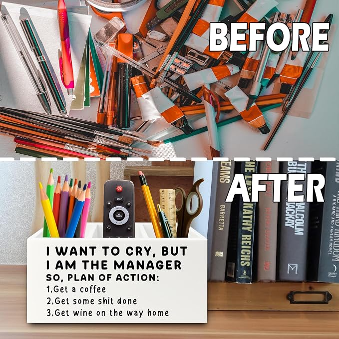 Funny Pen Office Pencil Holder Organizer for Desk, Manager Gifts for Women Men, Funny Coworker Gifts Wooden Box Sign for Home Office Desk Tabletop Decorations