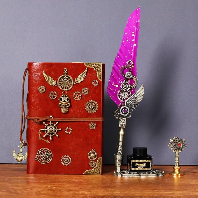 Aifeiter Quill Pen and Ink Set With Quill and 5 Replaceable Nibs,Seal Stamp,Spoon,Wax Beads,White Wax,Pen Holder, Cup,Envelope,Letter Paper,Envelope Tool(purple)
