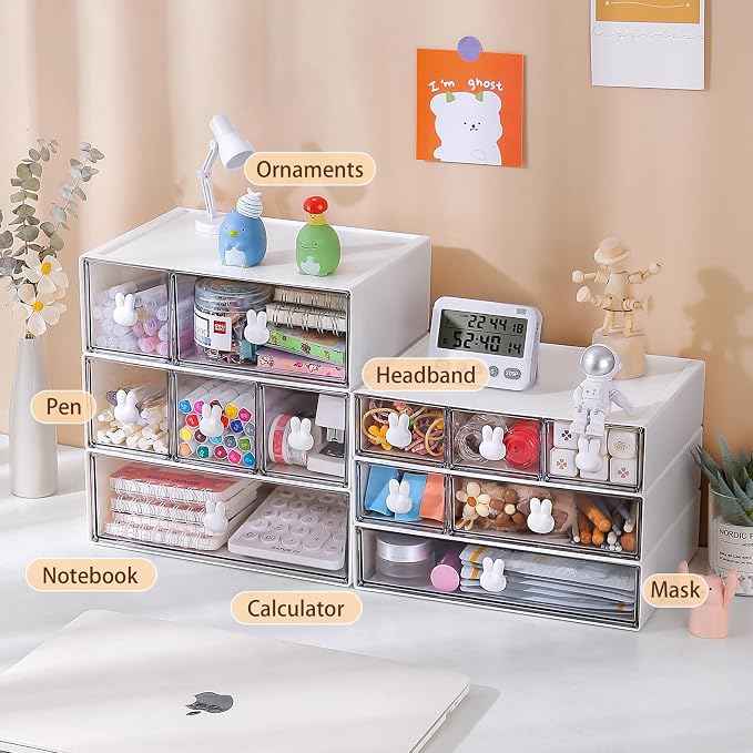 Plastic Desk Organizer with Drawers,Desktop Organizer Drawers Storage,3 Tier Drawer Organizer with 6 Drawers,Stackable Storage Drawers for Office （H 9.6in）, White