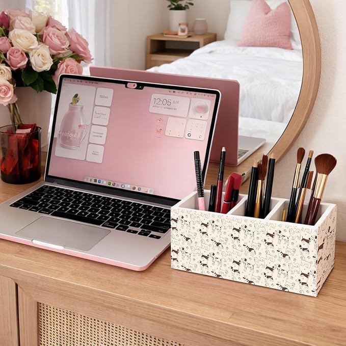Cute Dog Pattern 3-Compartment Desk Organizer, Wooden Pencil Holder for Pens, Pencils, Scissors & Rulers, Fun Dog Design for Home, Kids, Office