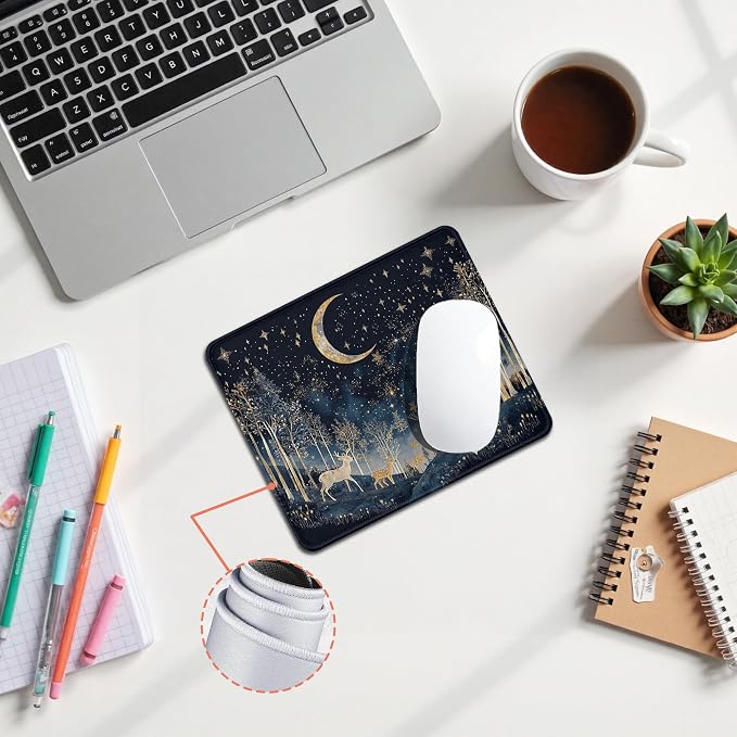Boho Witchy Crescent Moon Deer Mouse Pad, William Morris Inspired Navy Blue and Gold Night Sky Forest Animal Mouse Pad for Home Office Computer Gaming Desk Essentials, 9.5x7.9 Inch