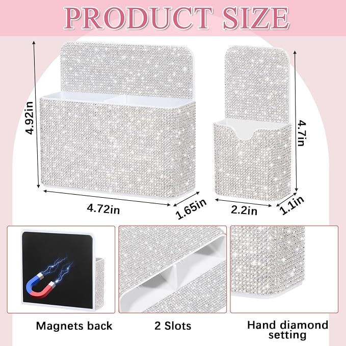 MotiMind 2 Pcs Silver Bling Magnetic Marker Holder Women Girl Locker Accessories Marker Pen Pencil Holder for Refrigerator Whiteboard Sparkly Gift Desk Organizer for School Office (Rhinestone)
