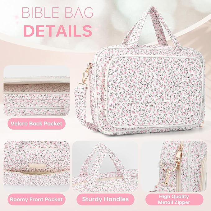 Bible Cover Case for Women Bible Study Supplies Church Camp Essentials Christian Gifts for Women Journaling Kit Quilted Large Bible Book Sleeve (Pink Flowers, Large)