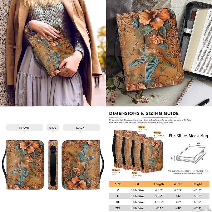 Lotusorchid Hummingbird Print Bible Cover Case with Bookmarks, PU Leather Bible Cover for Women Girls, Portable Bible Carrying Case with Handle and Pocket, Bible Accessories for Christian, Size 2XL