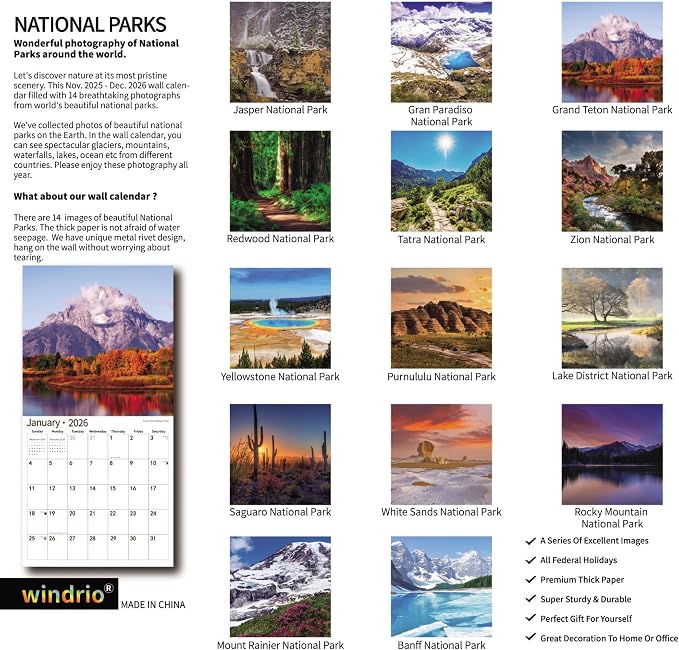 2026 Wall Calendar,Calendar 2026, November 2025 - December 2026, Wall Calendar National Parks, 12" x 24" Opened,Full Page Months Thick & Sturdy Paper for Calendar Organizing & Planning