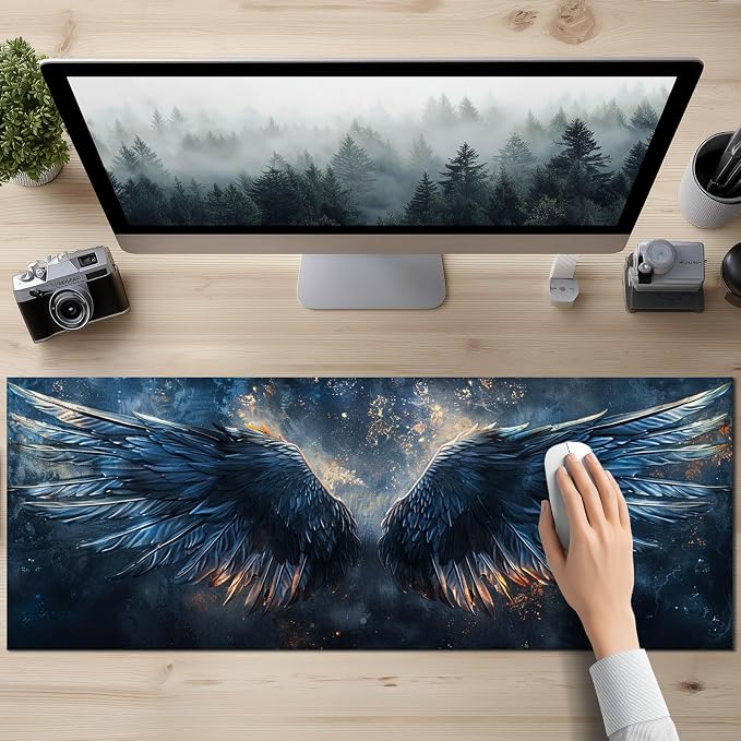 HOMETITUTE Large Mouse Pad XL 31.5 x 11.8 Inch Black Blue Flame Wing Gaming Desk Mat Extended Keyboard Pad Computer Desk Pad Waterproof Non Slip Mouse Pads for Desktop Office Accessories