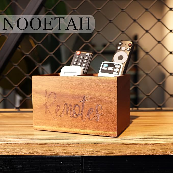 Remote Control Holder, Wooden TV Remote Holder for Table, Remote Organizer Caddy for Home Decor, Remote Box for Nightstand, Brown Labeled "Remote", 2 Slot - 7.3 Inch