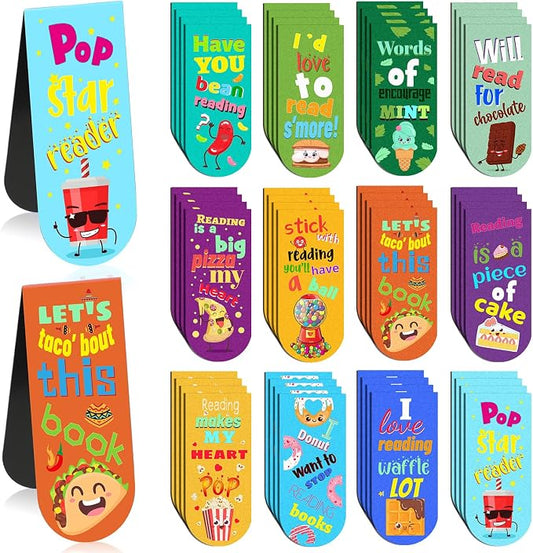 48 Pack Scented Bookmarks Magnetic Scratch and Sniff Fruit Food Bookmarks for Kids Cute Page Markers with Sayings for Kids Students Teens Teachers (Food Flavor)