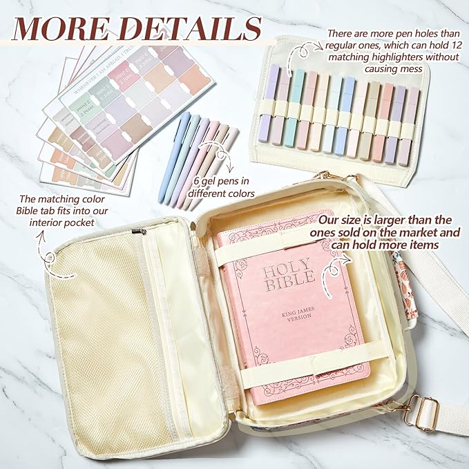 Large Bible Cover Case for Women, Bible Study Supplies Journaling Kit Chenille Letter PU Leather with Tabs Gel Pen Highlighters with Strap Easter Mothers Day Christian Gifts for Women Mom(Flower)