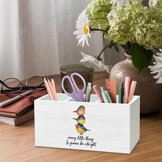 DILSJ Inspirational Bird Pen Pencil Holder Organizer for Desk, Inspirational Gifts for Women, Every Little Thing is Gonna Be Alright Wooden Box Signs for Home Office Desk Tabletop Decoration