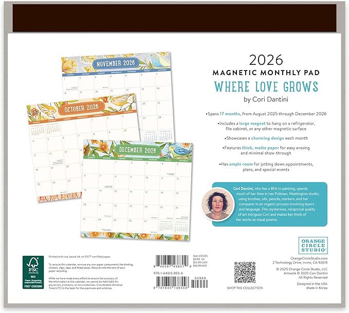 Orange Circle Studio 2026 Magnetic Monthly Fridge Calendar, Where Love Grows, 17-Month Daily Aesthetic Planner Notepad with Magnet for Refrigerator, Easy Organizer for Grocery List, Appointments