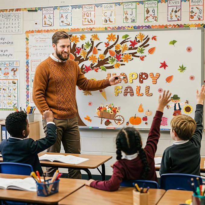 109Pcs Happy Fall Bulletin Board Decorations Set Autumn Thanksgiving Fall Tree Maple Pumpkin Leaf Scarecrow Cutouts with Glue Points for Home School Chalkboard Wall Decor