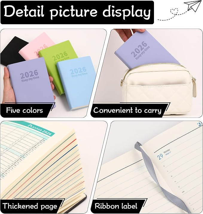 2026 Small Academic Planner 5.5" x 3.9" Hardcover Weekly and Monthly Calendar Planner Soft Leather Bound Cute Planner Goal Habit Tracker Organizer Planning Book with Tabs ,Daily Schedule School Office Schedule for Women Men (black)