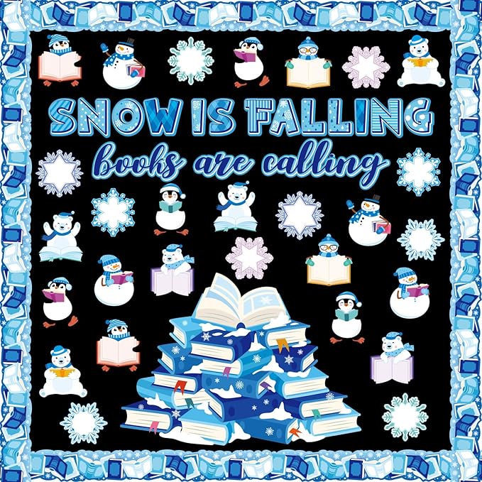 Honoson 64 Pcs Winter Bulletin Board Decoration Set Snowflake Bulletin Boards Winter Reading Classroom Decorations Book Cutouts for School Home Reading DIY Craft Chalkboard Window Wall Decor(Snow)