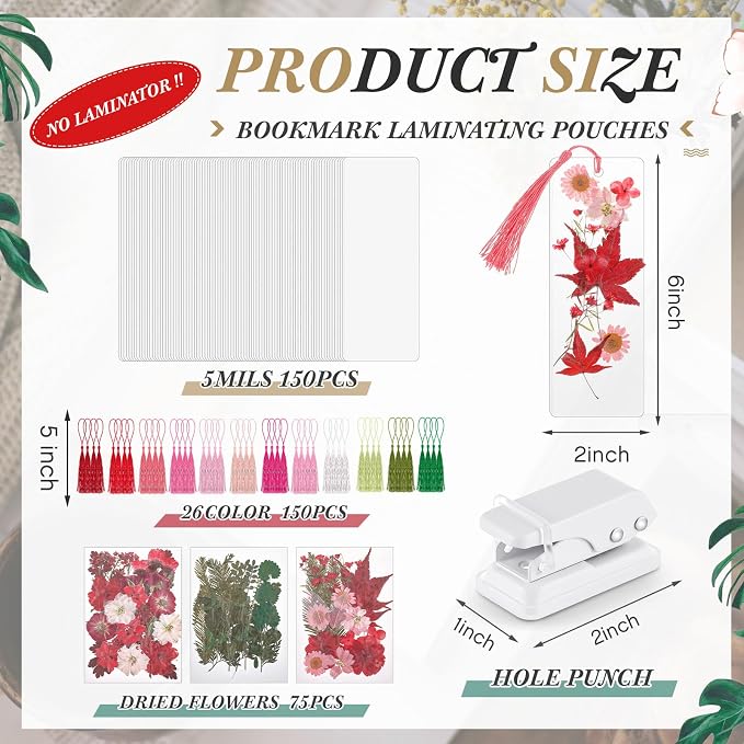 Fuyoooo 376 Pcs Dried Flower Bookmark Making Kit, DIY Bookmark Laminating Pouches with Tassels and Puncher, Handmade Craft Kit for Women, DIY Gifts for Book Lovers (Red,2 x 6 Inch)