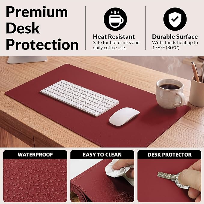 AFIING Leather Desk Pad Protector, 23.6" x 13.7", Red | Large Mouse Pad, Dual-Sided PU Leather & Natural Cork, Non-Slip, Waterproof, For Office and Home