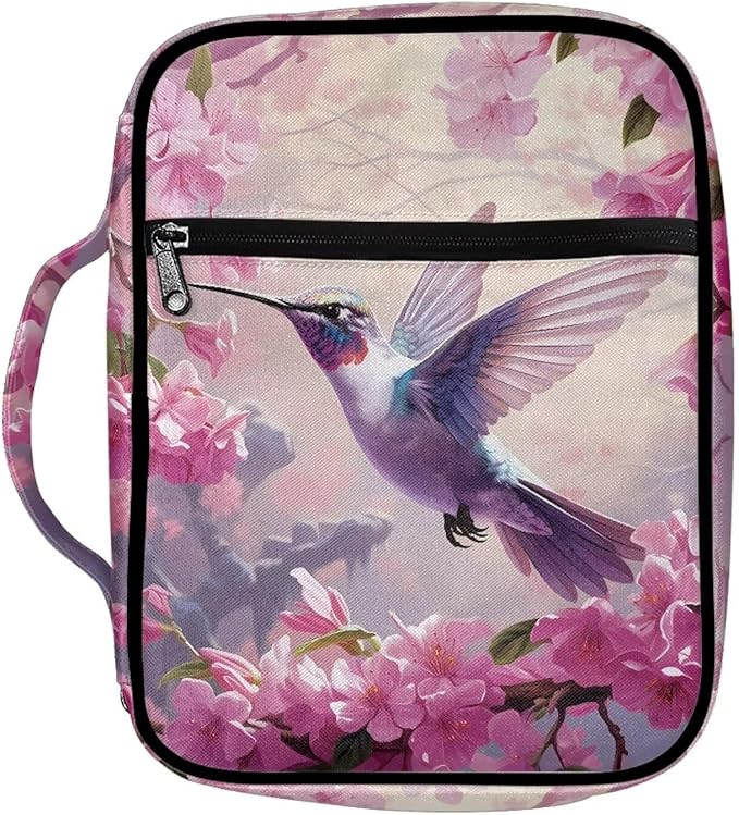 Suobstales Hummingbird Cherry Blossom Print Bible Covers for Women Men,Carrying Book Bible Case Church Bag Lightweight Bible Bag Bible Protective with Handle and Zippered Pocket
