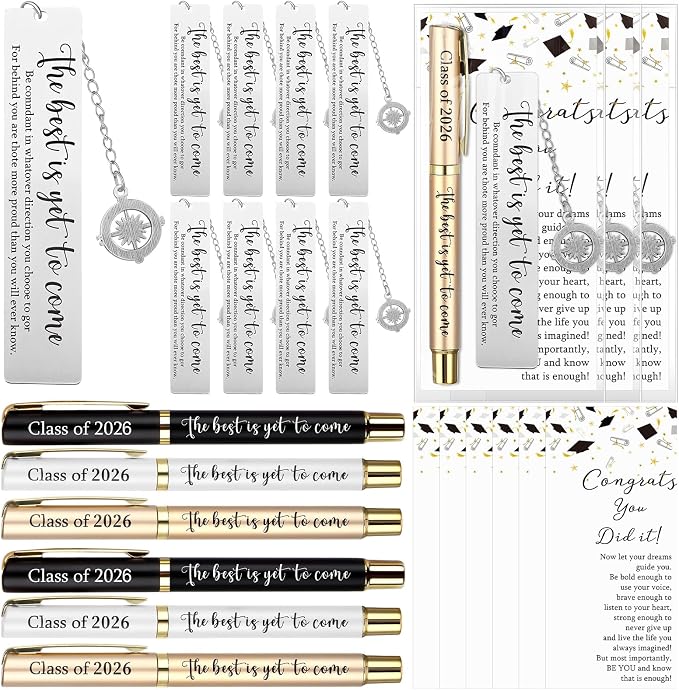 Affrolling 12 Sets Class of 2026 Graduation Gifts Bulk – Graduation Pens, Compass Bookmarks, Cards & Clear Gift Bags, Inspirational Party Favors for Students & Teachers(Black,White,Gold)