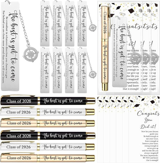 Affrolling 12 Sets Class of 2026 Graduation Gifts Bulk – Graduation Pens, Compass Bookmarks, Cards & Clear Gift Bags, Inspirational Party Favors for Students & Teachers(Black,White,Gold)