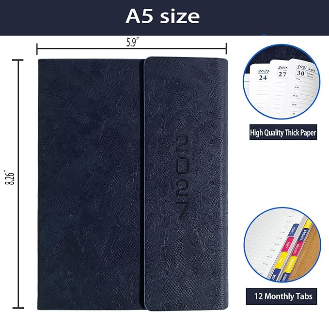 2027 Daily Planner -One Page per Day, Appointment Book 2027, Hourly Daily & Monthly Planner with Tabs(Jan-Dec 2027), 8.26'' x 5.9'' Calendar Planner, Leather Cover + Thick Paper (Navy Blue)