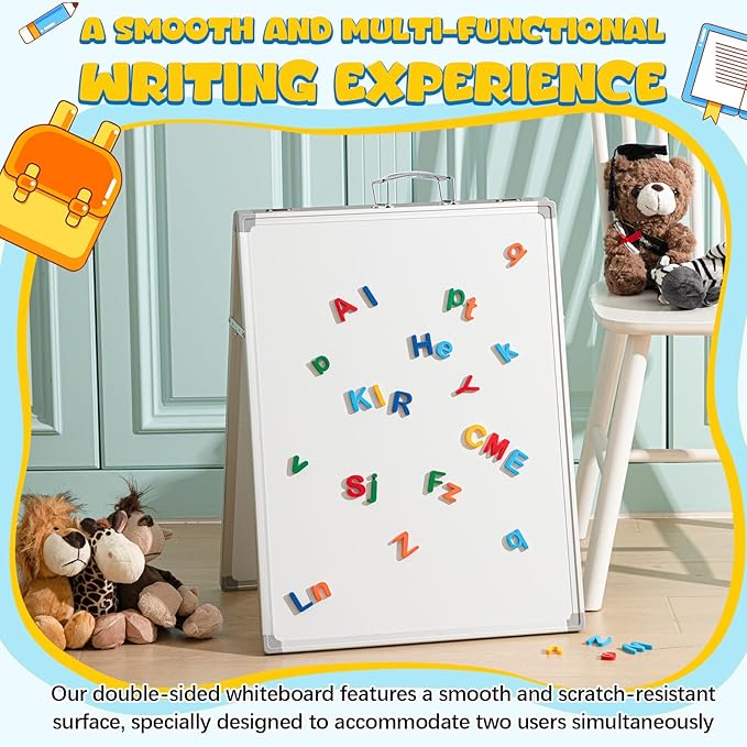 Lincia 24 x 18 Inch Portable Dry Erase Board with Stand, Foldable White Board Double Sided Whiteboard Easel, Silver Aluminum Frame with Metal Handle for Office Home School Teaching Demonstration