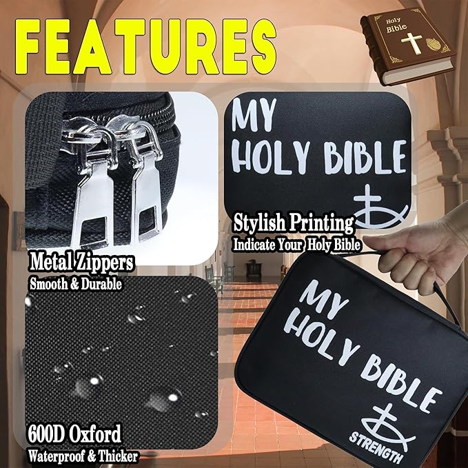 My Holy Bible Case, Practical Bible Cover Case with Handle, Pockets, Pen Slots, 10” x 8” Portable Bible Carrier Bag Fit Medium to Small Bibles Christian Church Gifts for Boys Girls Men Women