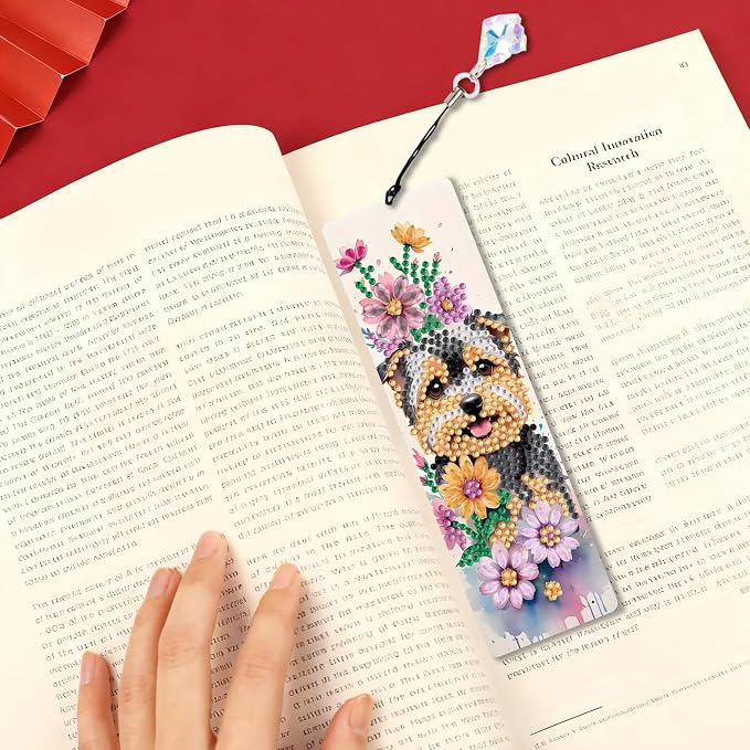 Dog Diamond Art Bookmarks for Adults, 4 PCS Dog Diamond Painting Bookmarks with Pendant, 5D Gem Art Bookmark, Acrylic Bookmark DIY Crafts for Books Decor Gift