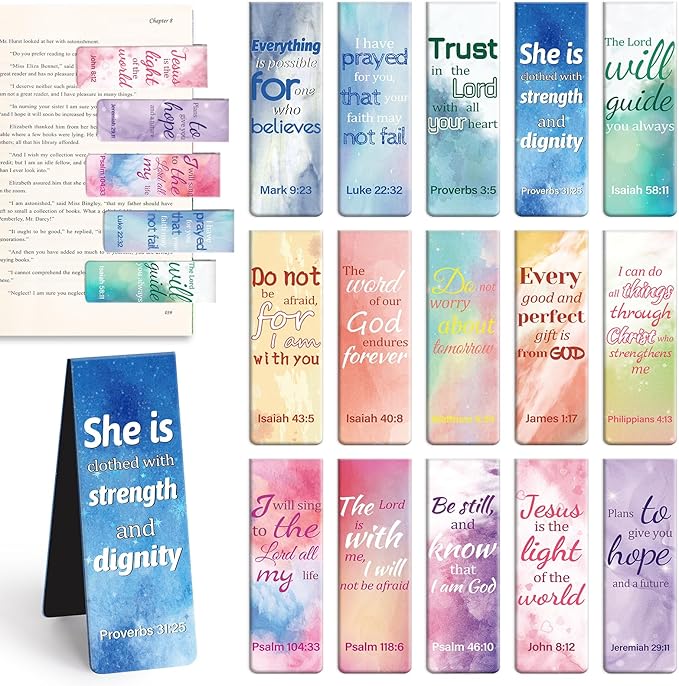 Kaluofan 15PCS Large Bible Quotes Magnetic Christian Bookmarks - Double Sided Magnet Book Markers for Women Students Teachers Supplies