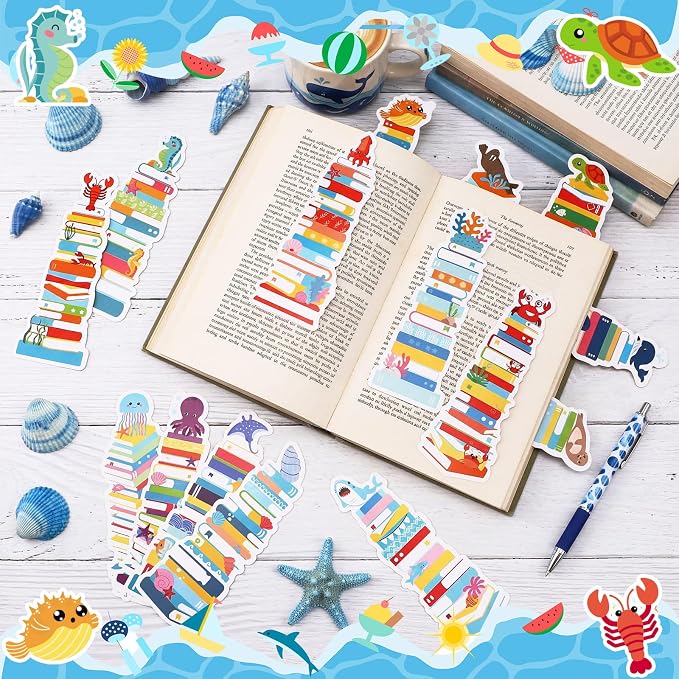 Kolldenn 150 Pcs Book Tracker Bookmarks Bulk 6.3 x 1.97 Inch Bookshelf Love to Read Bookmarks Paper Tracking Double Sided Reading Page Markers for Back to School Reading Lover(Summer Ocean)
