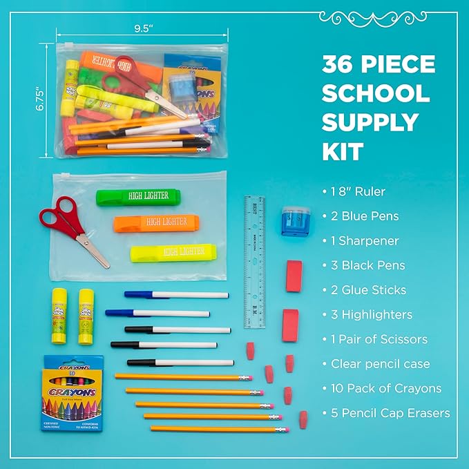 Moda West 36 Piece Bulk School Supplies Kit for K-12 - Pens, Pencils, Crayons, and More, Essential Box of School Supplies for Elementary, Middle, and High School Students