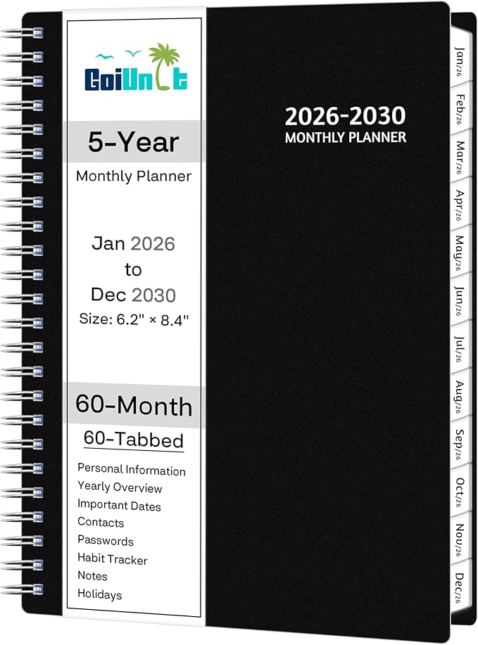 Monthly Planner 2026-2030, 5-Year Calendar Planner 2026-2030, Jan 2026 – Dec 2030, 6.2 x 8.4 In, Ruled Spread, Flexible Cover, Spiral Wirebound, Pocket, 60 Coated Monthly Tabs, Notes ＆ Habit Tracker
