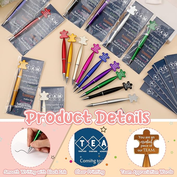 Sinload 100 Sets Team Appreciation Gifts Bulk Inspirational Puzzle Ballpoint Pens Motivational Cards Bookmark for Team Staff Office Coworker Employee Nurse Teacher Week Gifts