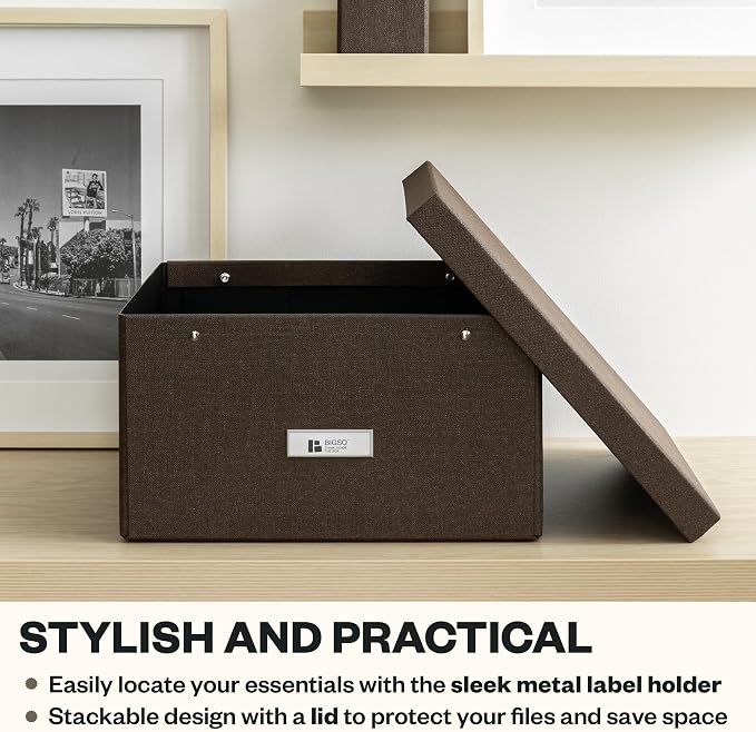 Bigso Katrin Collapsible Storage Box with Lid - Decorative Photo Storage Box with Label Holder for Easy Identification - Simple Assembly without Tools - W13.5 x D17.6 x H7.2 (inches) - Dark Brown