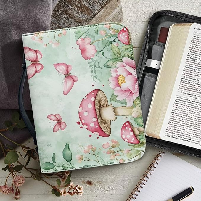 Mushrooms Bible Bags for Women Butterfly Print Bible Covers Bible Holder Bible Bags Canva Bible Study Supplies, A Christian Gift for Women-Size L