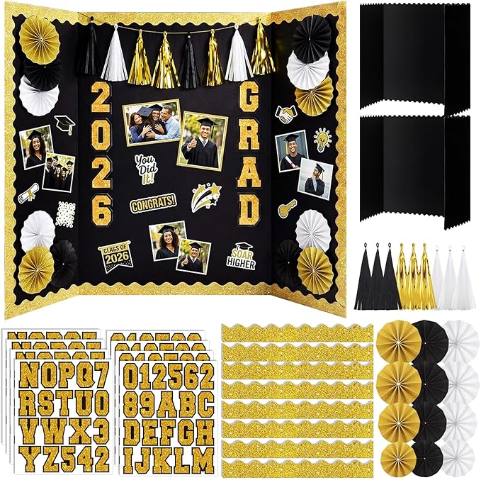 31 Pcs Graduation Photo Display Board Decoration 40"x28" Trifold Poster Board Graduation Themed Stickers Grad Fan Tassel Garland for 2026 Grad Party College Picture Frame(Black Gold Silver)