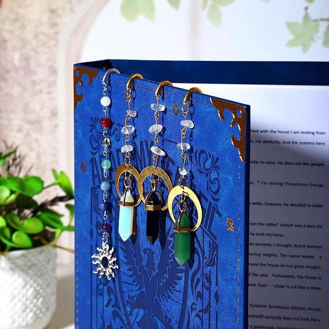 Vintage Metal Bookmark Pendant with Natural Crystal Stones Black Obsidian Bead Chain–Elegant Bookmarks for Women,Men,Book Lovers,Teachers and Girls(Black Onyx)