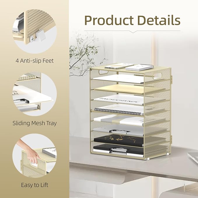 DALTACK 9-Tier Paper Organizer for Desk, Mesh Letter Tray Desk Organizer with Handles, Space-Saving File Organizer for Office Home School, Golden Yellow