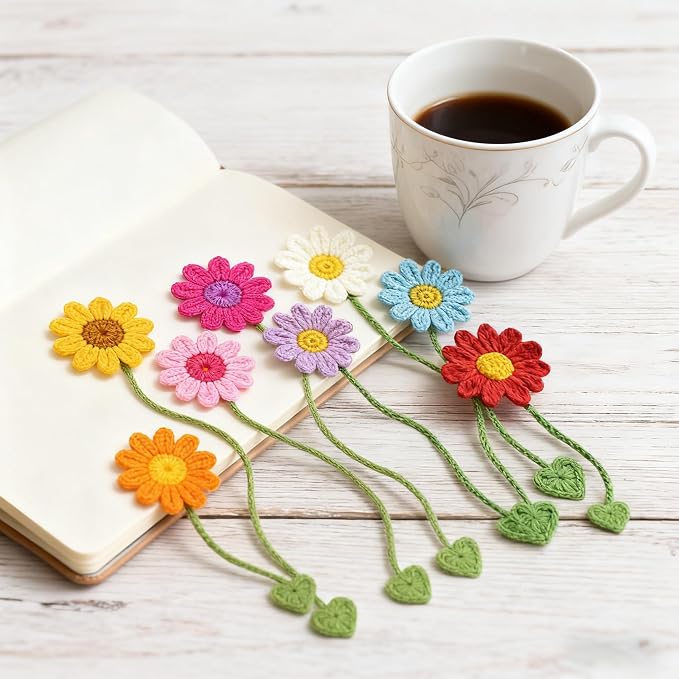 8 Pack Flower Crochet Bookmarks,Handmade Knitted Daisy Sunflower Book Marker for Women Personalized Book Marks for Reading Men, Book Lover Teacher Kids Birthday Gift,Cute Unique Bookmarks