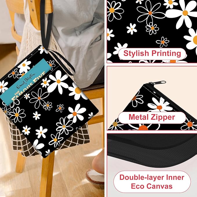 Slohif Book Sleeve Pouch Book Cover Protector with Zipper Cute Daisy Flower Book Beau Booksleeve Small Large Pouches for Paperback HardBook Cover Reading Accessories for Students Women Readers