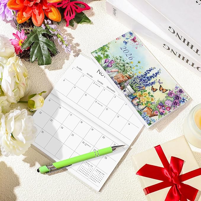 Gueevin 2026 Pocket Calendar for Purse with Pen Small Pocket Planner Handy Weekly Monthly Planner Journal Writing Notebook Valentine New Year Gift Sister Friend Women(Garden,Light Green)
