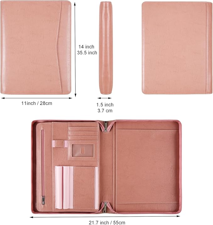 Padfolio for Women, Pink Leather Portfolio with Zipper, Vegan Leather Business Portfolio Organizer with A4 Writing Pad Holder for Resume, Interview, Meeting, Non-Custom
