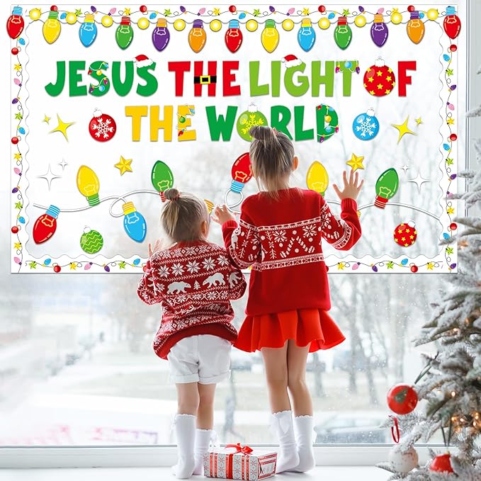 Christmas Bulletin Board Decorations Christian Jesus The Light of The World Paper Cutouts Bible Verse Colorful Light Bulb Bulletin Board Set for Xmas Winter Sunday School Church Wall Decoration Favor