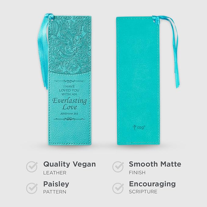 Christian Art Gifts Premium Vegan Leather Scripture Bookmark for Men & Women: Everlasting Love - Jeremiah 31:3 Inspirational Bible Verse, Heat-Debossed, Faith-Based Reading Accessory w/Tassel, Teal