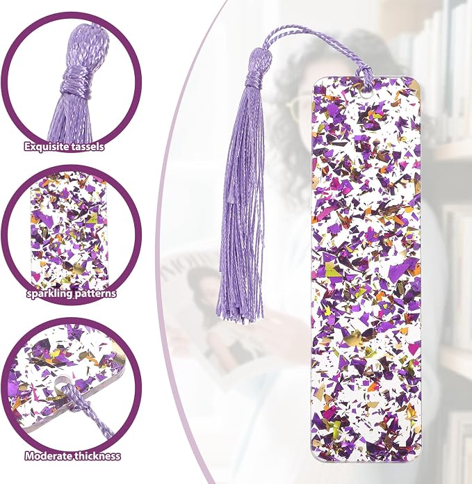 2Pcs Glitter Bookmarks Acrylic Bookmarks for Women Purple Silver Book Marks Bling Iridescent Bookmark with Tassel Resin Book Marks for Reading Presents