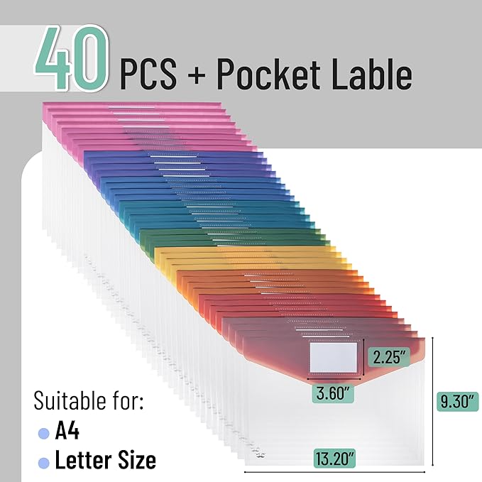 Mr. Pen- Clear Plastic Envelopes File Folders, 40 Pack, A4, Letter Size, Colorful Flaps, Bulk Clear Folders for Documents Plastic Poly Envelopes with Label for School, Home, Work, Office, Organizer