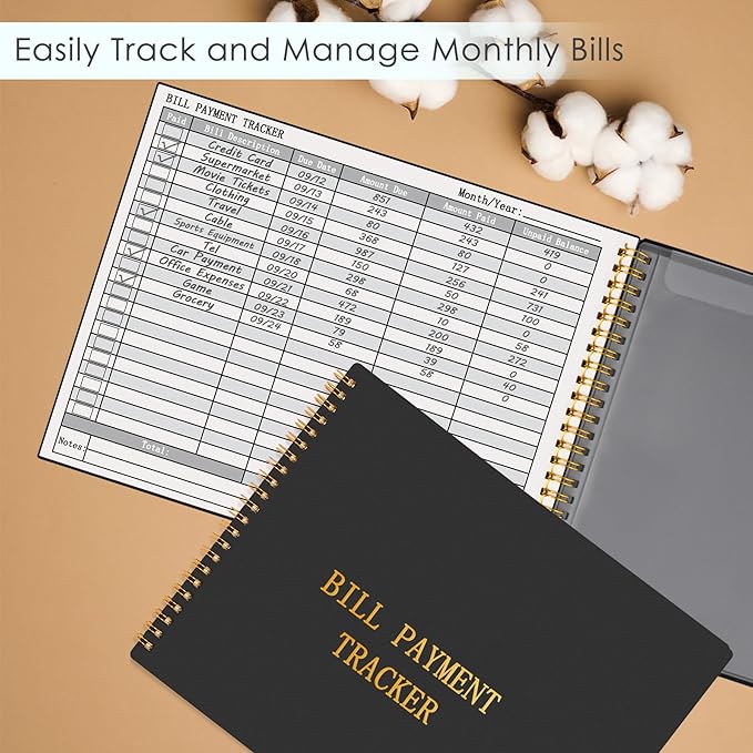 HAUTOCO Bill Tracker Notebook Monthly Bill Payment Tracker for Personal Budgeting Home Financial with 2 Storage Pocket, Payments Checklist Organizer Bill Planner 10.1 x 7.8'', Black